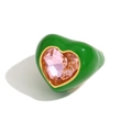 Green enamel heart ring with pink gemstone center in 18K gold plated stainless steel - Heart Ring - Green Enamel - Pink Zirconia