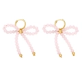 Pink beaded bow earrings with golden hoops in a minimalist and sweet style - Transparent Pink