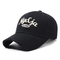 Distressed black cotton baseball cap featuring white NycJja embroidery and a curved brim - Black