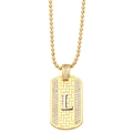 Detail of gold dog tag pendant with silver letter L and sparkling rhinestone border - Letter L