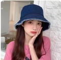Washed dark blue denim bucket hat for women with trendy frayed edges and vintage look - Washed Frayed Edge Navy Blue