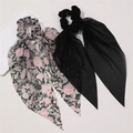 Detail of black and pink floral chiffon hair scrunchies with long ribbon ties - Floral and Black 2Pcs Set