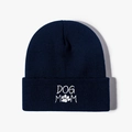 Navy blue DOG MOM embroidered knit beanie with white dog paw print on ribbed cuff - One Size / Navy Blue
