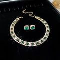 Golden jewelry set with green and clear zircon crystals featuring necklace and stud earrings - Square Green Stud Set / Gold-Green