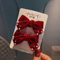 Pair of vintage wine red velvet bow hair clips with white pearls and gold beads - Style 14: Pair of Vintage Wine Red Bows