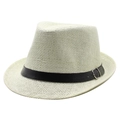 Detailed close-up of woven straw texture and black leather belt with silver buckle decoration - M(56-58cm) / Cream