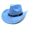 Close-up of sky blue faux suede cowboy hat featuring silver studs on black leather band - M (56-58cm) / Haze Blue