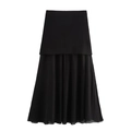 Detail of black knit dress featuring a pleated chiffon patchwork hem and smooth fabric - S / Black Dress