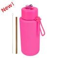 1L rose red insulated stainless steel sports bottle set with straw and brush - 1 L / Pop-up Straw Lid / Fluorescent Rose Red