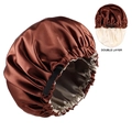 Detail of double-layer satin bonnet showing the brown exterior and champagne interior - Coffee