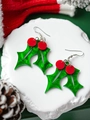 Christmas holly leaf and berry drop earrings made of green and red acrylic material - Acrylic/Alloy Hook / Green Holly Leaf Red Berry (47#)