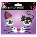 Glittery black cat face art sticker set with rhinestones for Halloween party makeup decor - Purple Black Cat