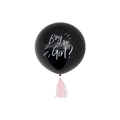36-inch black gender reveal balloon with Boy or Girl text and pink paper tassels - White Print Black Balloon