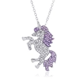 Collana con ciondolo unicorno d'argento e cristalli viola e bianchi in vista laterale - Unicorno Viola Bianco (0011)