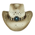 Cappello da cowboy in paglia traforata con perline turchesi e design boho per l'estate - Bianco Sporco Traforato