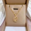 Titanium steel moon and heart necklace with sparkling zircon pavé in gold finish - Crescent Moon Holding Heart Style (NC23Y0590)