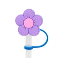 Purple flower silicone straw topper with pink center and blue ring attachment - 1704-70 Purple and Pink Two-tone Flower