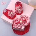 Detail of red and white checkered baby socks and matching headband gift set with lace - Style 6 (Red Plaid Flower/Red Plaid Bow)