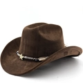 Brown faux suede western cowboy hat with star and bead accents on white background - M (56-58cm) / Coffee