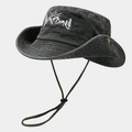 Cappello boonie vintage in cotone lavato nero con ricamo montagna e cordino regolabile - M (56-58cm) / Verde Militare
