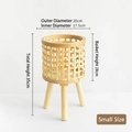 Nordic woven plant stand in natural wood finish with three sturdy solid legs, small size - Grid Pattern Small