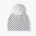 Gorro de punto blanco con rayas negras y pompón de piel sintética para el invierno - Blanco