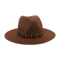 Chapeau fedora en paille marron avec bandeau en cuir à clous et perles pour protection solaire - Taille unique / Chapeau de Paille Café (Bande en Cuir Café)