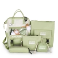 Green and white 5-piece nylon school backpack set including tote and pencil case - 9034 Green