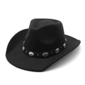 Classic black wool felt fedora hat with wide brim and leather band with metal buckles - Black / M (56-58cm)