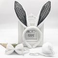 Detailed view of plush rabbit ear headband, bowtie, and tail costume accessories set - Black Sequin
