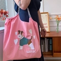 Bolso tote de nailon rosa con diseño de cachorro bordado y asas de cuerda trenzada - Schnauzer Rosa