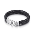 Men's braided black leather bracelet with a polished stainless steel clasp on white background - 23cm Style (KB67836-BD)