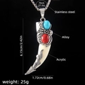 Men's acrylic wolf tooth pendant necklace with turquoise inlay and stainless steel chain - Wolf Tooth No.35 + 70cm Steel Chain