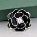 Silver open ring with black enamel camellia flower and white pearl center - Black Camellia