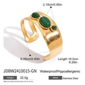 Dettaglio dimensioni del bracciale rigido in acciaio dorato con tre gemme verdi ovali - Oro-Bracciale in Malachite Verde