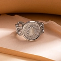 Silver titanium steel heart ring with embossed round face and chain link adjustable band - Heart Steel Color 53