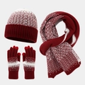 Close-up of winter knit set featuring touchscreen gloves and snowflake patterns - Burgundy