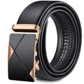 Men's black leather belt with a stylish gold and black automatic metal buckle - Gold Double Triangle Buckle / 120cm