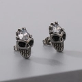 Gothic punk skull stud earrings with sparkling round zircon in vintage silver finish - Retro Punk Skull with Zirconia Style (KE111565-WGLN)