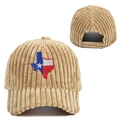 Khaki corduroy baseball cap featuring Texas flag embroidery and adjustable velcro strap - Beige
