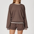 Women's lounge set with contrast trim sweatshirt and shorts in deep coffee brown color - S / Deep Chocolate Brown