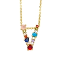 Golden necklace with letter V pendant featuring colorful zircon stones and crystals - Letter V