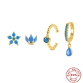 925 zilveren oorbellen set met blauwe bloem- en kroonmotieven in goudkleur - 925 zilver / Goud