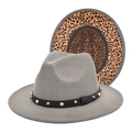 Grey fedora hat with leopard print underbrim and silver studded leather band accent - M (56-58cm) / Light Gray