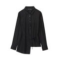Elegante camisa negra de lino de manga larga con dobladillo asimétrico y lazo - XS / Negro