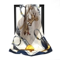 Silky satin square scarf featuring vintage horse carriage print in blue and beige - Carriage Saddle Khaki Base Navy Border (SD90-17-3)