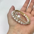 Golden multi-layer wrap bracelet featuring pearls and sparkling rhinestones - Gold White Zirconia Pearl Bracelet (D916)
