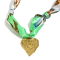 18K gold-plated heart pendant necklace with green silk scarf chain on white background - Gold/Green