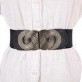 Elastic black waist belt for women with large vintage gold textured metal buckle - Black