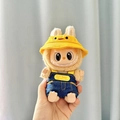 Labubu plush doll wearing denim overalls and yellow bucket hat for vinyl face pendant - Single Yellow Duck Hat Keychain + Yellow Baby Overalls / First And Second Generation Keychains Are Compatible With La Cloth Dolls. Dolls Not Included.